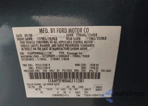 2010 Ford Taurus Limited z USA, uszkodzony, nr VIN 1FAHP2FW0AG111281